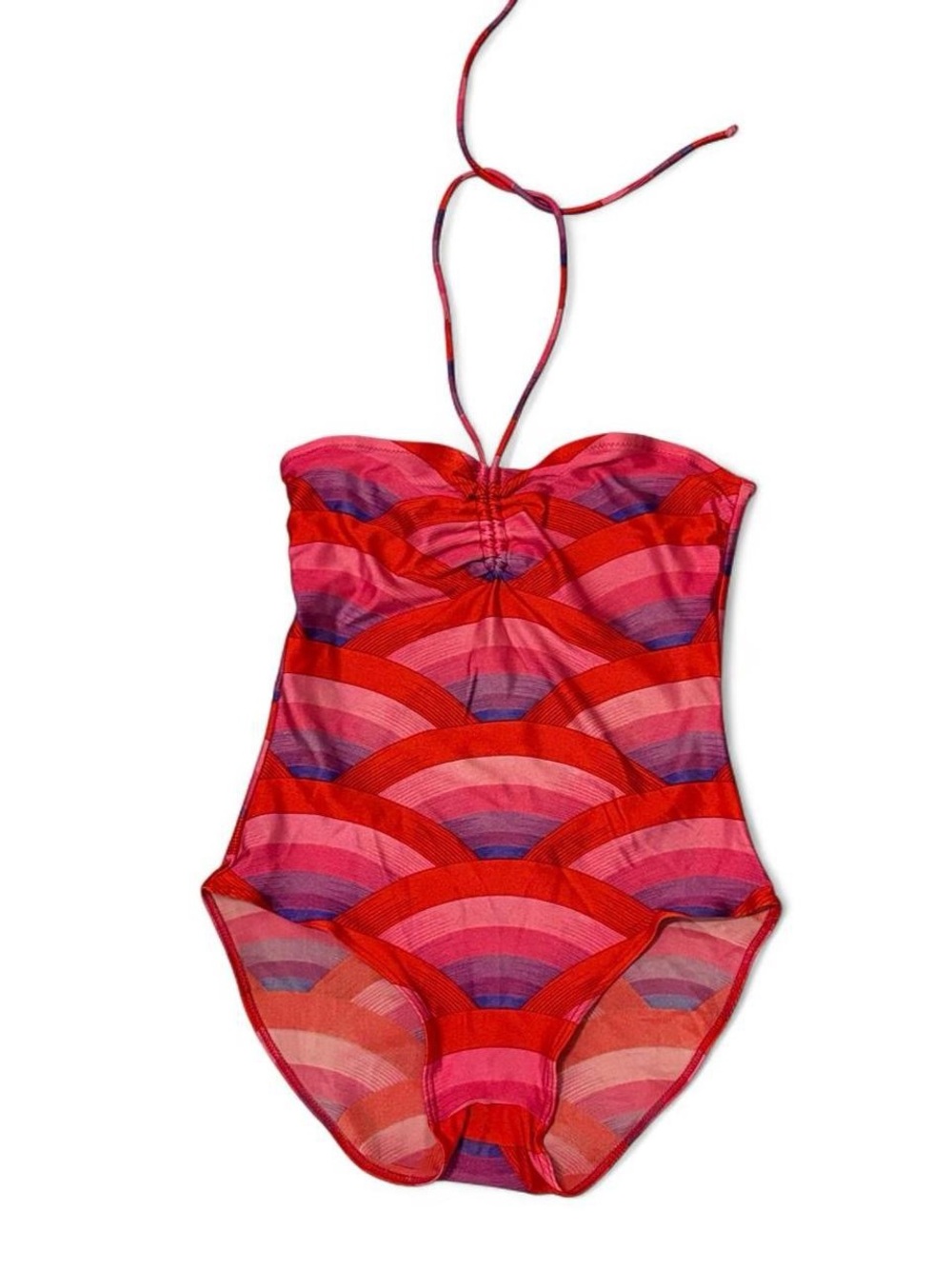 1970s Gottex Red and Pink Scallop-Pattern Halter One-Piece Swimsuit